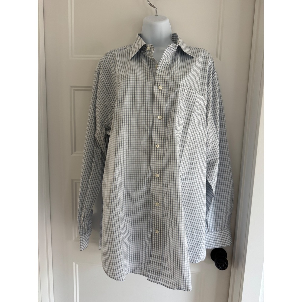 Neiman Marcus Mens‎ 17 34/35 Wrinkle Free Cotton Check Dress Shirt Blue White
